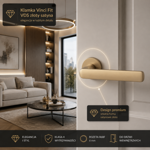 Klamka Vinci Fit VDS złoty satyna – okrągła rozeta R68F 6 mm | klasa 4