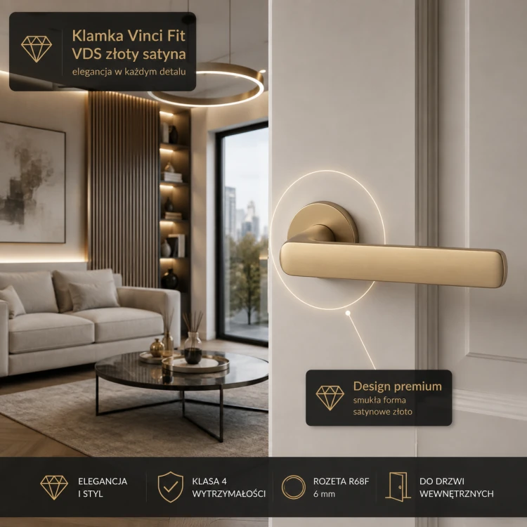 Klamka Vinci Fit VDS złoty satyna – okrągła rozeta R68F 6 mm | klasa 4