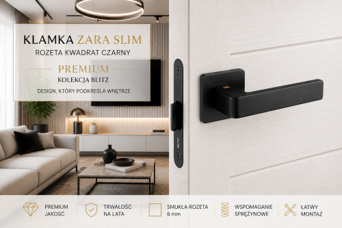 Klamka ZARA SLIM BLITZ czarna – nowoczesna klamka do drzwi na kwadratowej rozecie KLAMKIZAMKI.PL