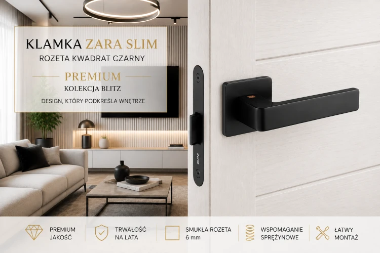 Klamka ZARA SLIM BLITZ czarna – nowoczesna klamka do drzwi na kwadratowej rozecie KLAMKIZAMKI.PL
