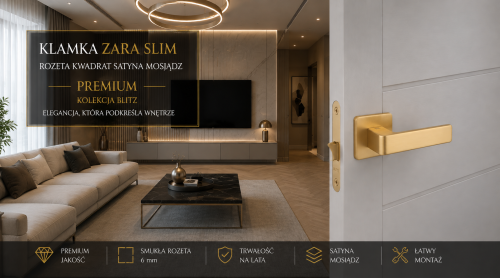 Klamka ZARA SLIM satyna mosiądz BLITZ – elegancka złota klamka na kwadratowej rozecie 6 mm