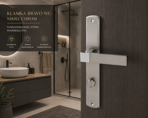 Klamka BRAVO 90 mm WC nikiel chrom ALUBRASS – klamka łazienkowa na długim szyldzie